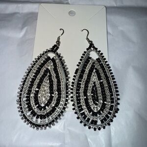 Black and Silver Beaded Teardrop Earrings